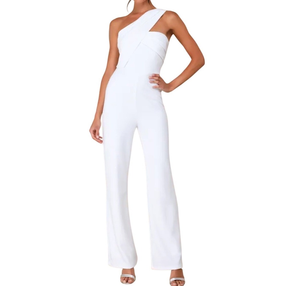 NWT Lulus Devoted to Fun Ivory One Shoulder Sleeveless Jumpsuit L White Bridal